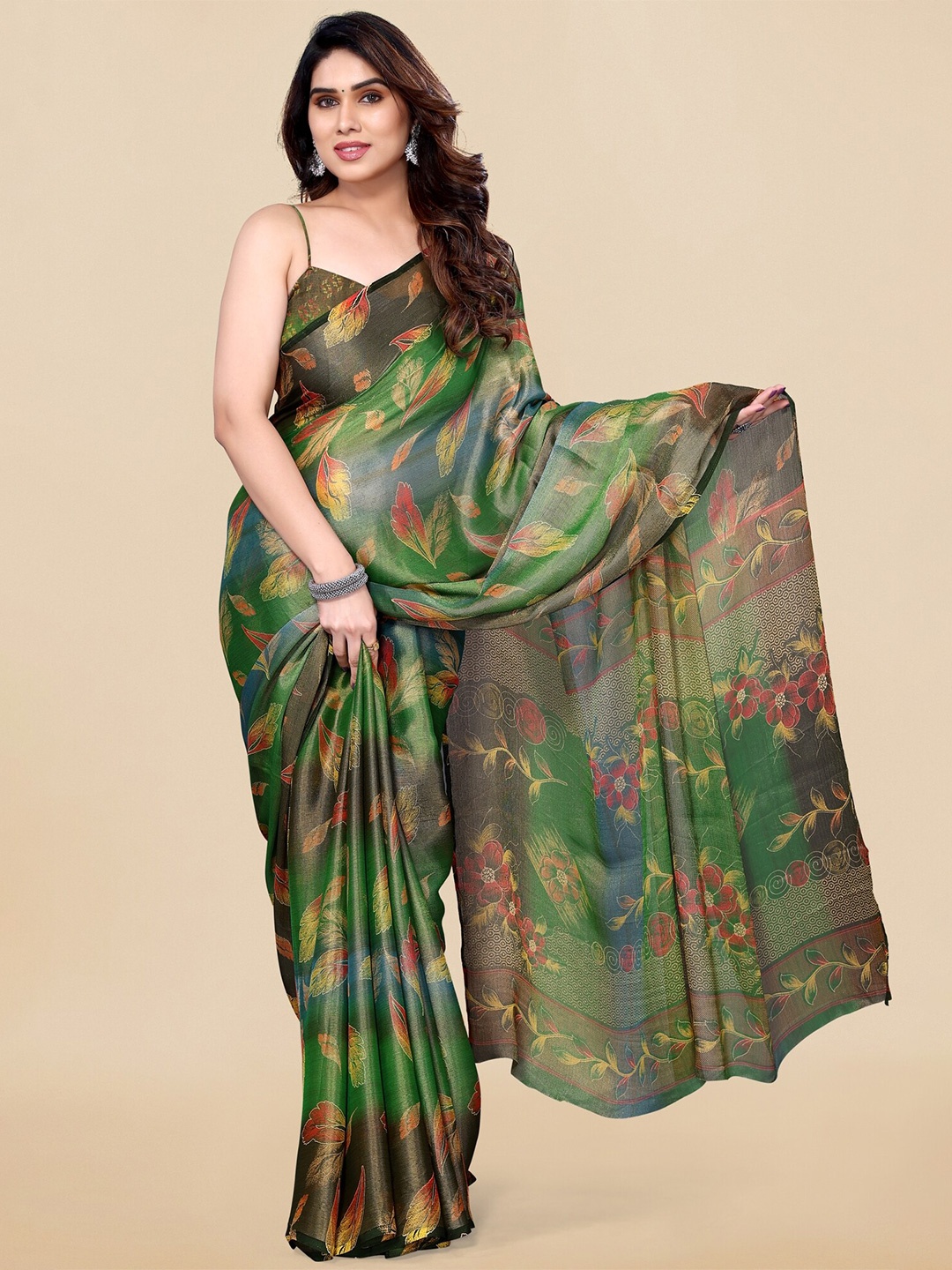 

MIRCHI FASHION Floral Printed Brasso Saree, Green