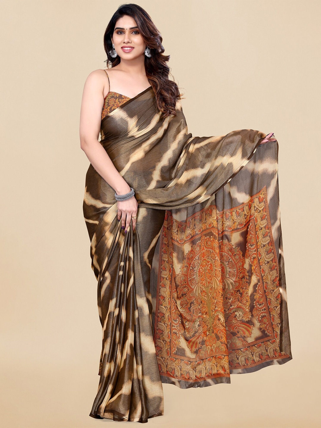 

MIRCHI FASHION Brown Leheriya Printed Brasso Leheriya Saree