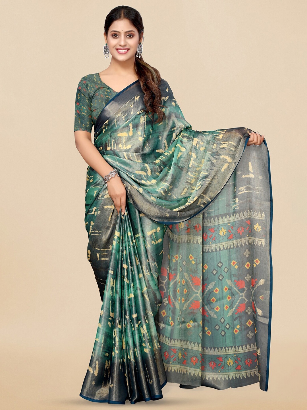 

MIRCHI FASHION Ethnic Motifs Printed Brasso Saree, Teal