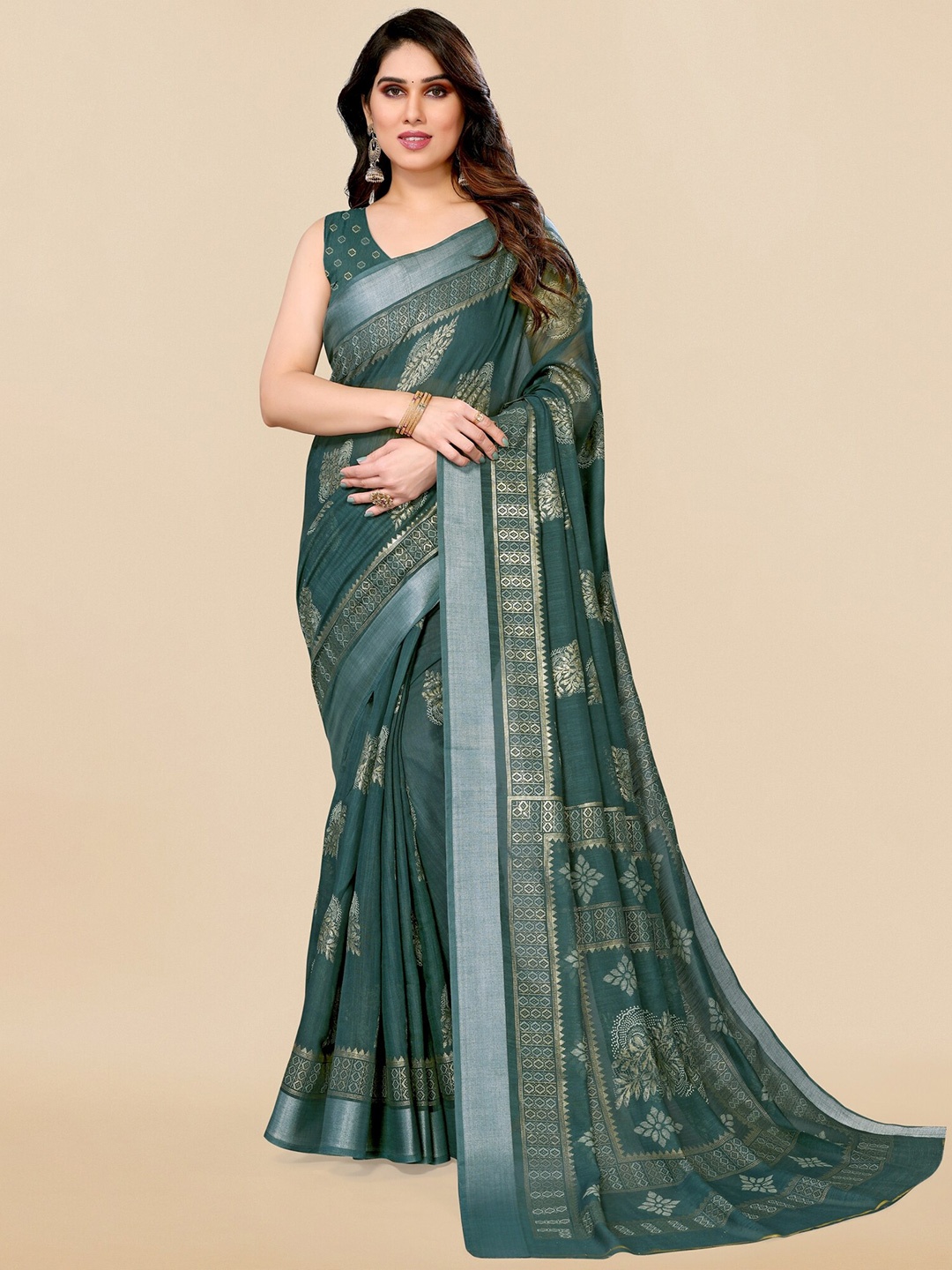 

MIRCHI FASHION Ethnic Motifs Printed Zari Saree, Green