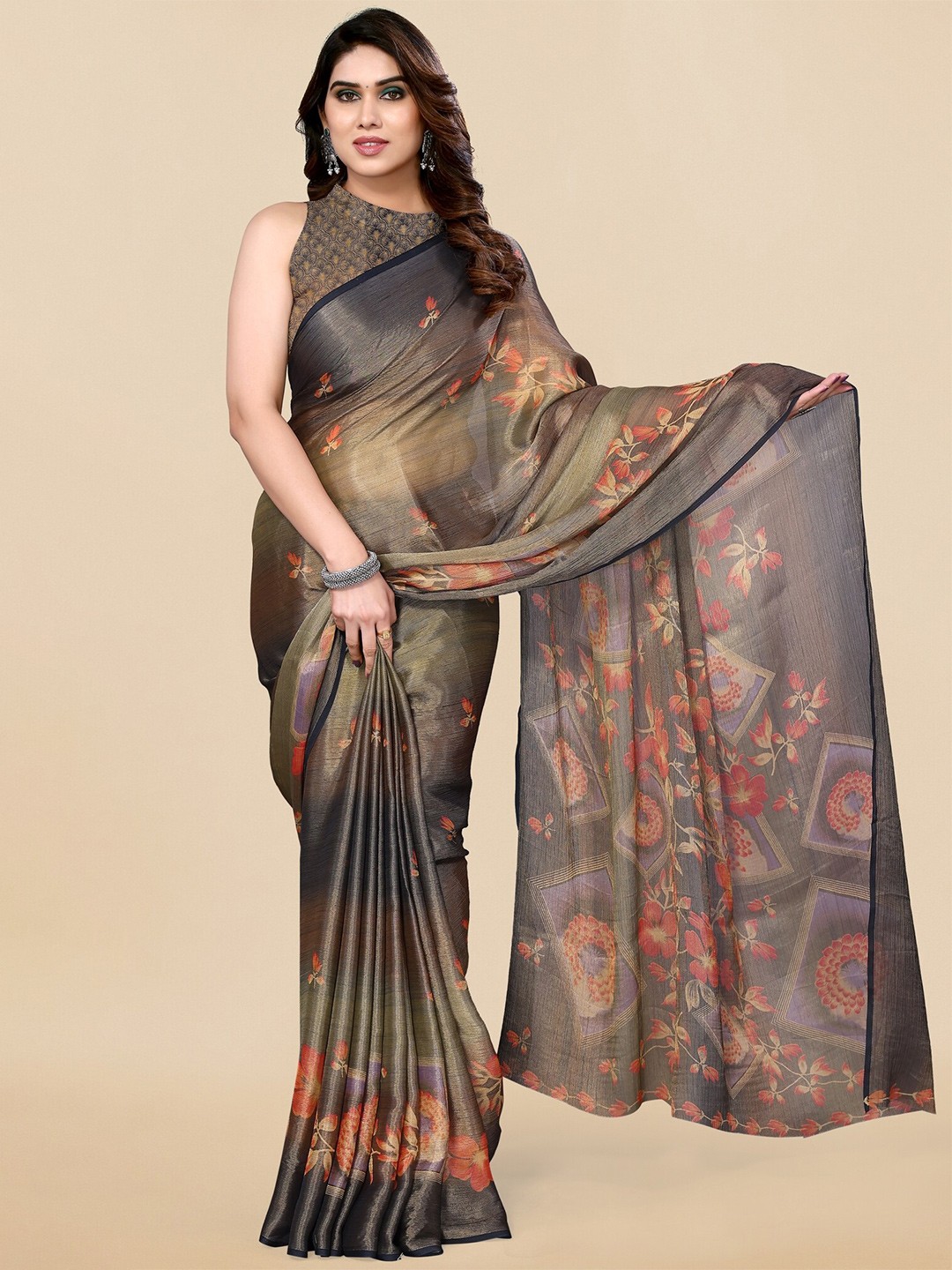

MIRCHI FASHION Floral Printed Brasso Saree, Beige