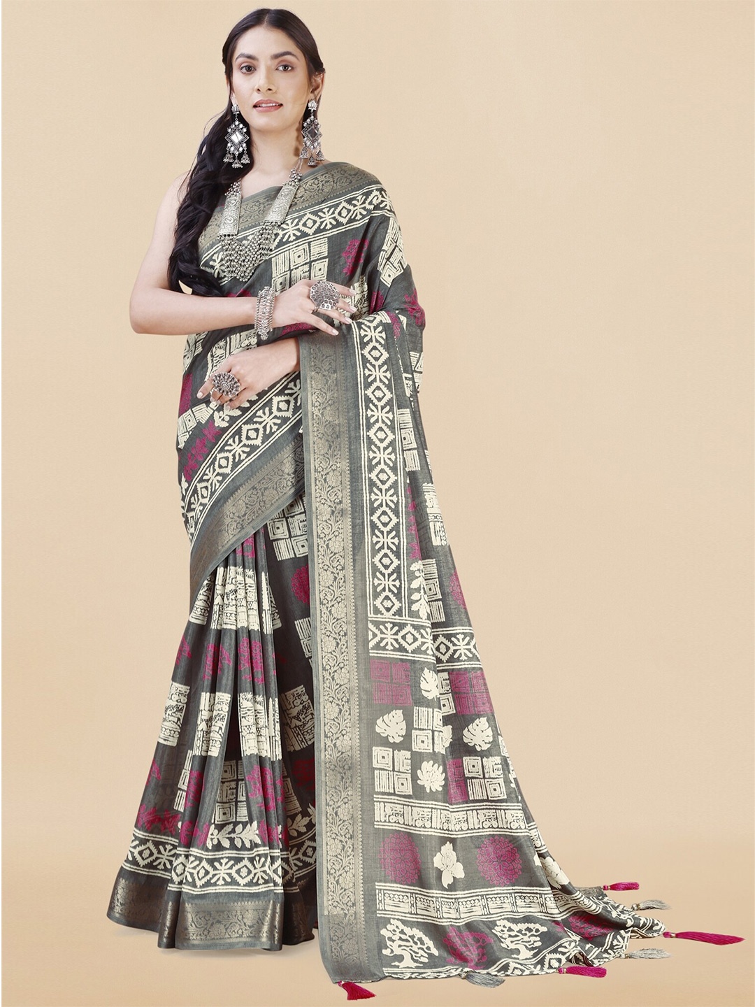 

MIRCHI FASHION Ethnic Motifs Printed Zari Saree, Grey