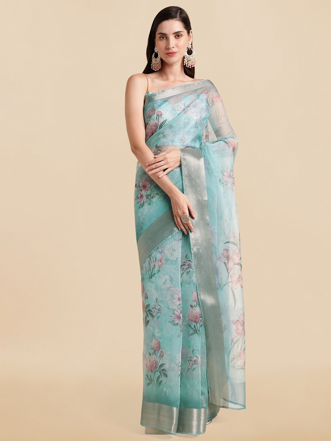 

MIRCHI FASHION Blue & Pink Floral Printed Zari Organza Saree