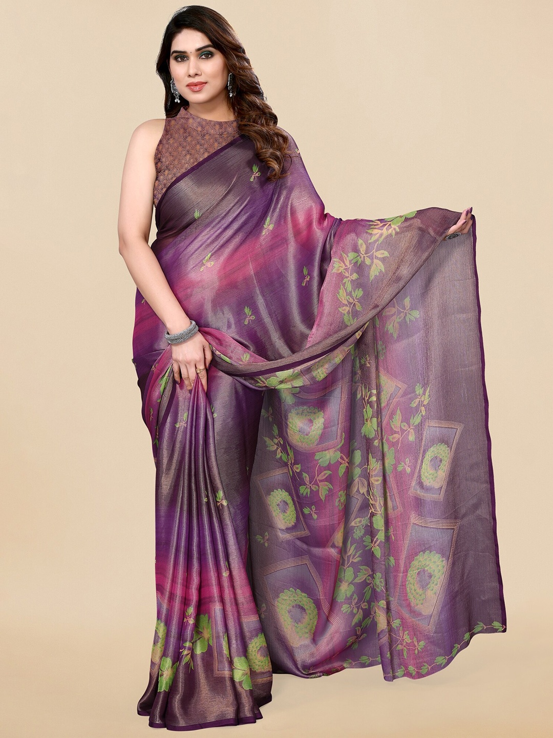 

MIRCHI FASHION Purple & Pink Floral Printed Brasso Saree