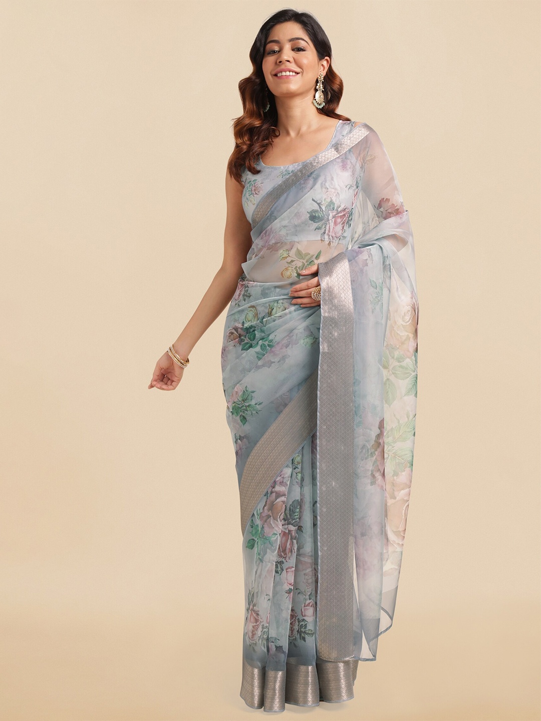

MIRCHI FASHION Floral Printed Zari Organza Saree, Grey