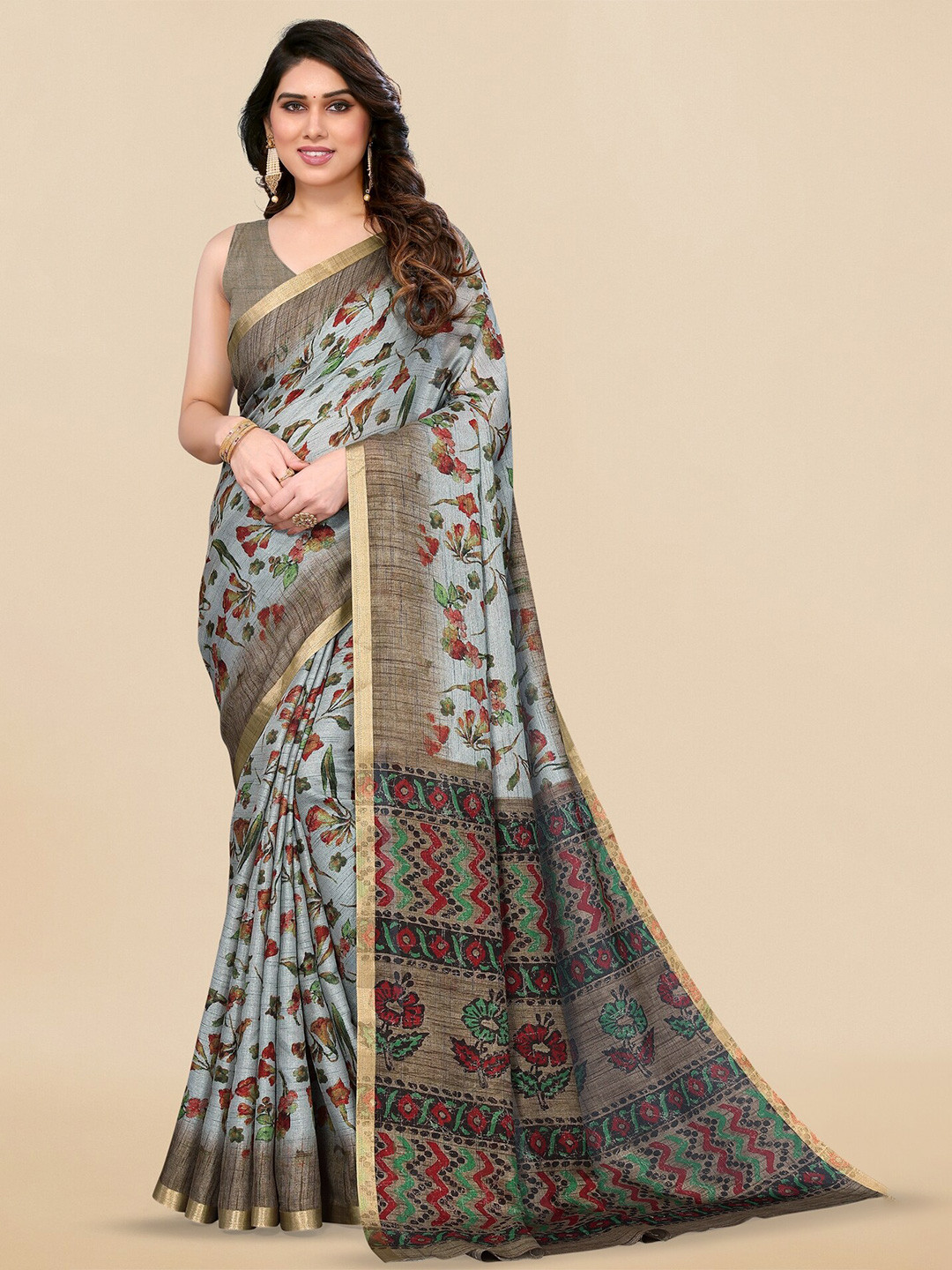 

KALINI Green Floral Printed Zari Detailed Saree, Grey