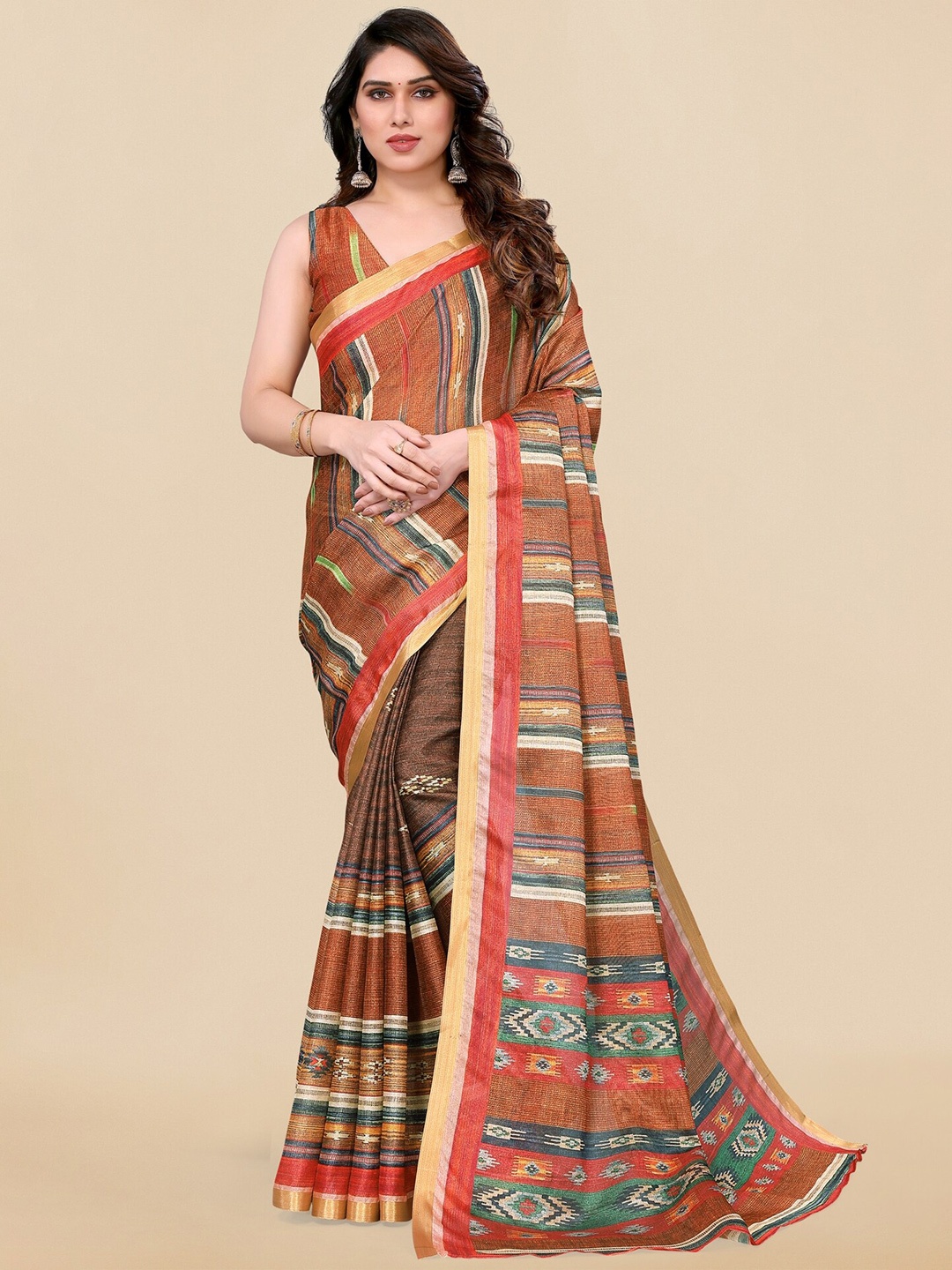 

MIRCHI FASHION Striped Zari Art Silk Leheriya Saree, Brown