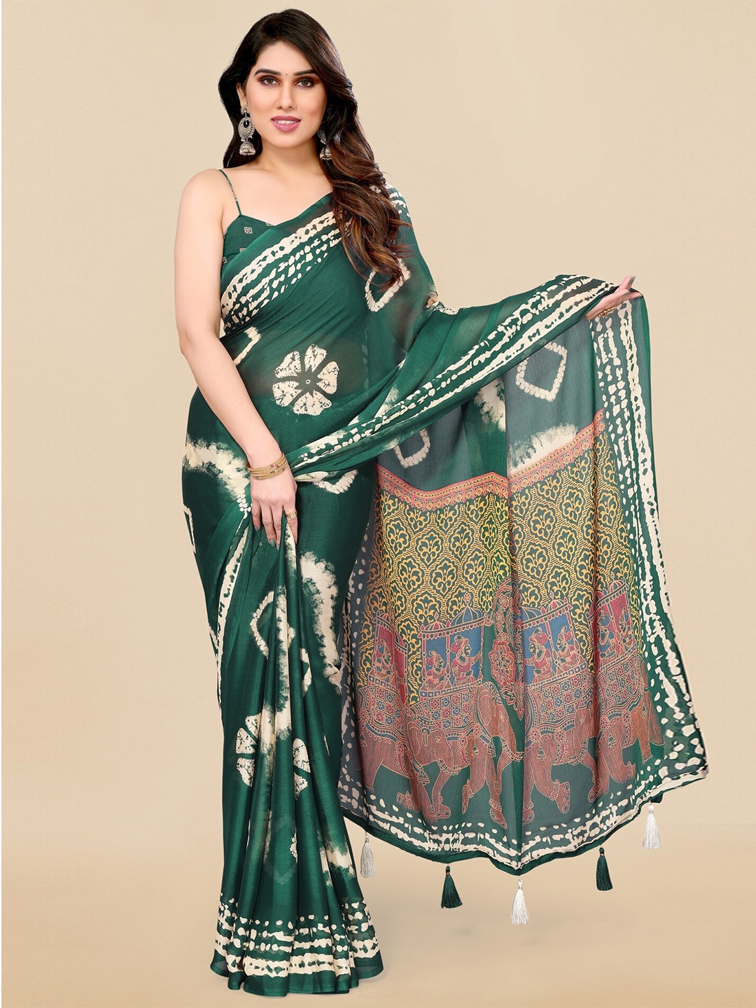 

MIRCHI FASHION Tie and Dye Block Print Saree, Green