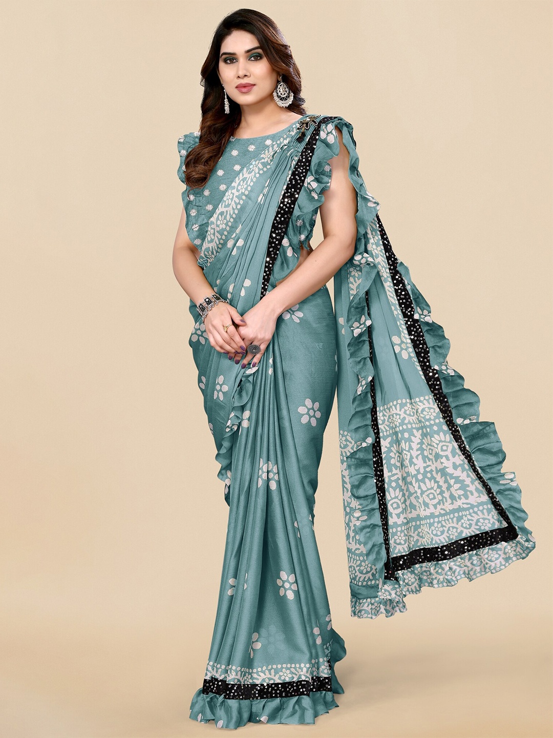 

MIRCHI FASHION Printed Sequinned Chiffon Ruffle Leheriya Saree, Teal