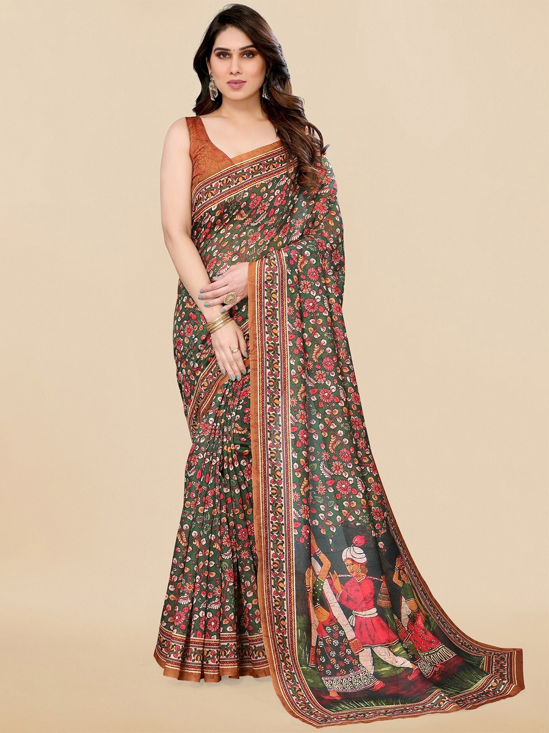 

MIRCHI FASHION Green Floral Printed Saree