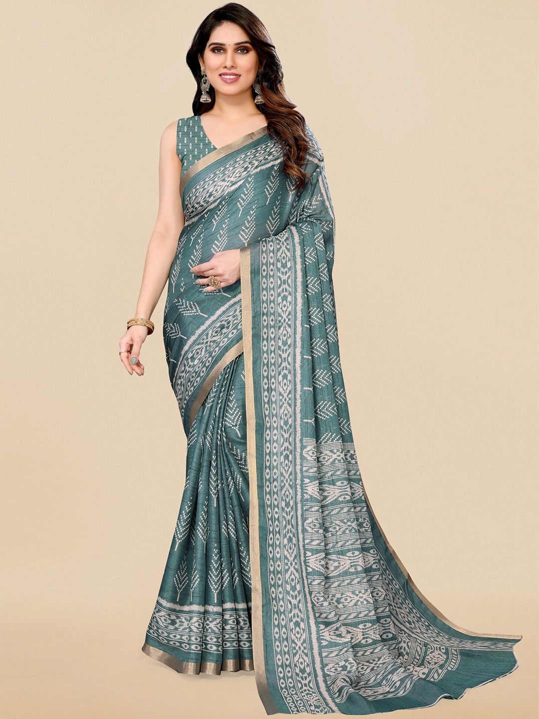 

MIRCHI FASHION Teal Geometric Printed Zari Ikat Saree