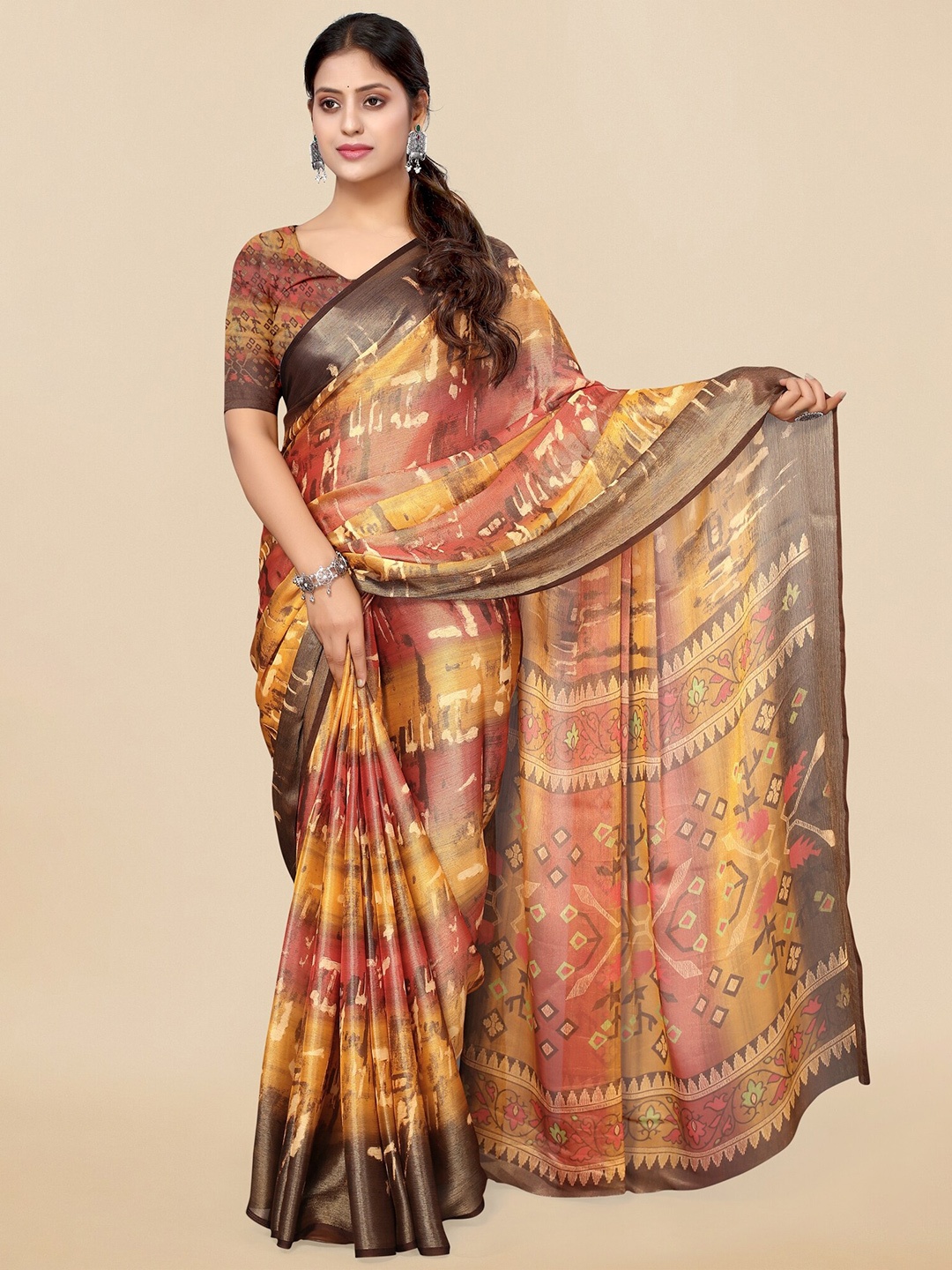 

MIRCHI FASHION Mustard Ethnic Motifs Printed Brasso Saree