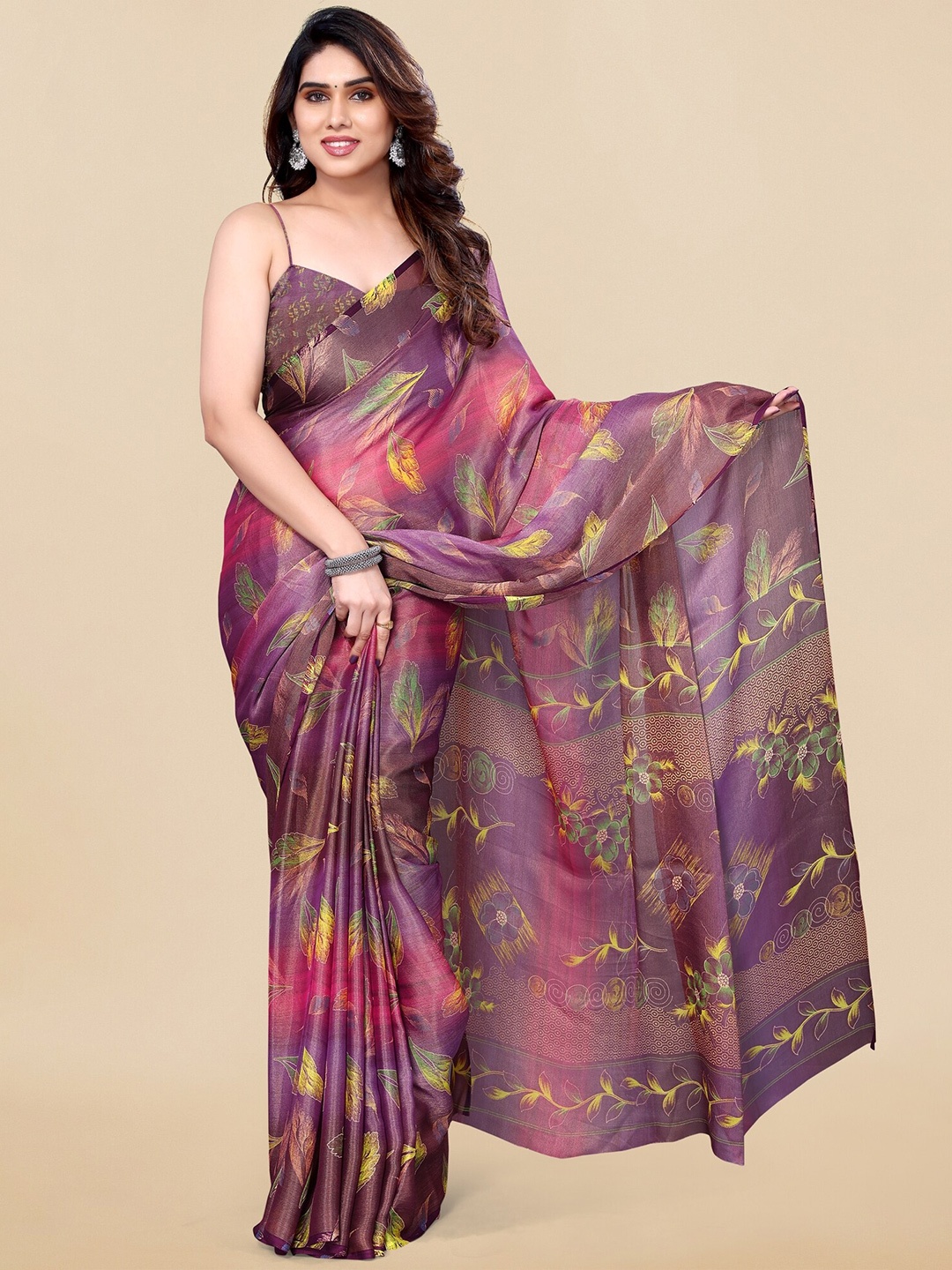 

MIRCHI FASHION Pink & Purple Floral Printed Brasso Saree