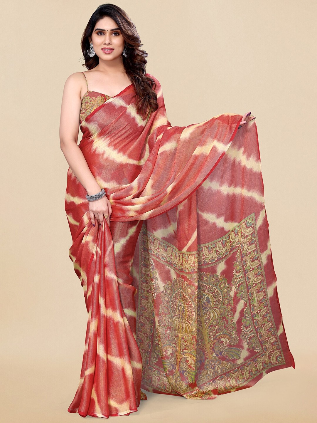 

MIRCHI FASHION Red & Cream-Coloured Tie and Dyed Brasso Leheriya Saree