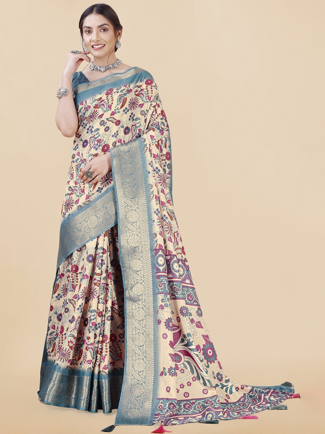 

MIRCHI FASHION Cream-Coloured & Blue Ethnic Motifs Printed Zari Saree