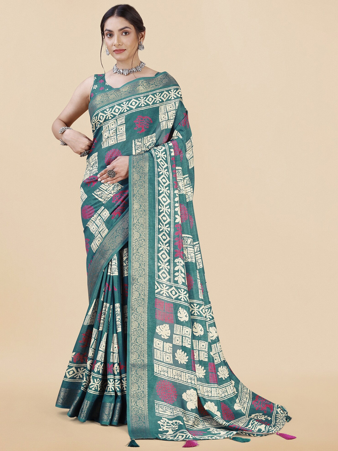 

MIRCHI FASHION Teal Geometric Printed Zari Block Print Saree