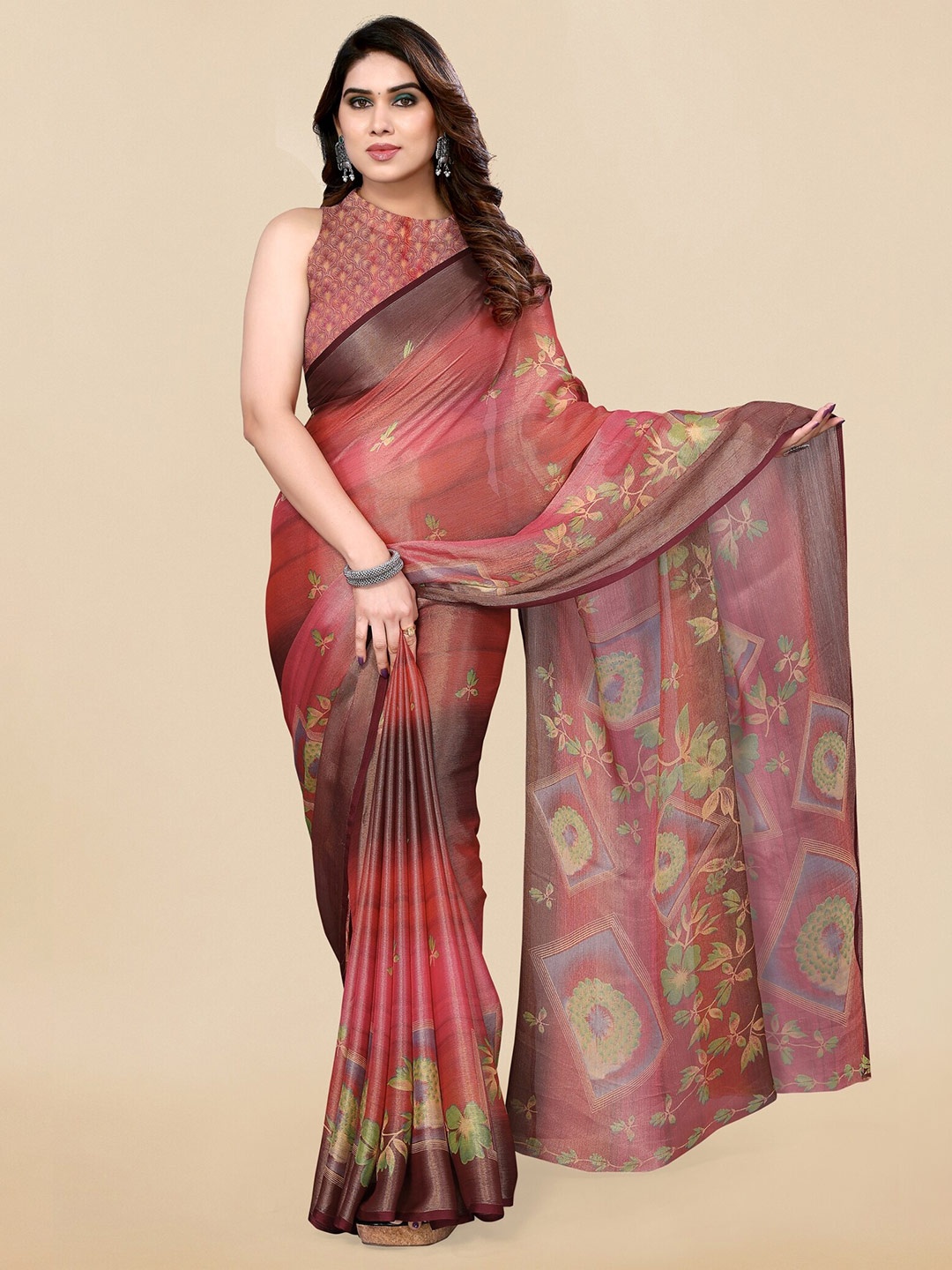 

MIRCHI FASHION Red & Green Floral Printed Zari Brasso Saree