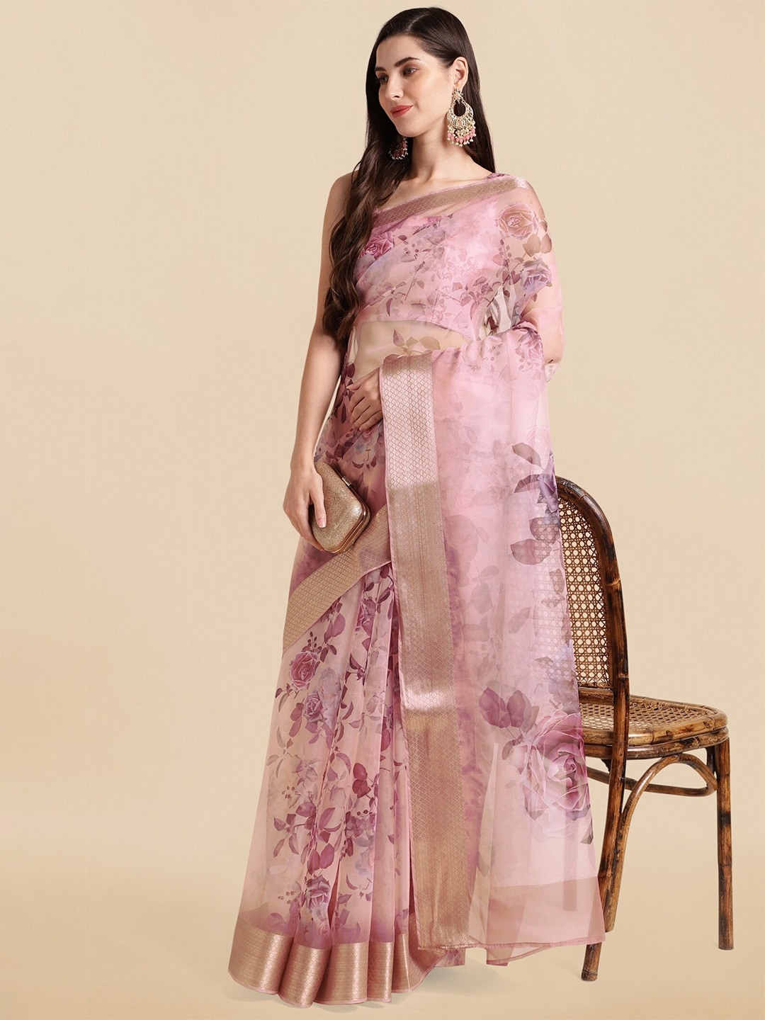 

MIRCHI FASHION Floral Printed Zari Organza Saree, Pink