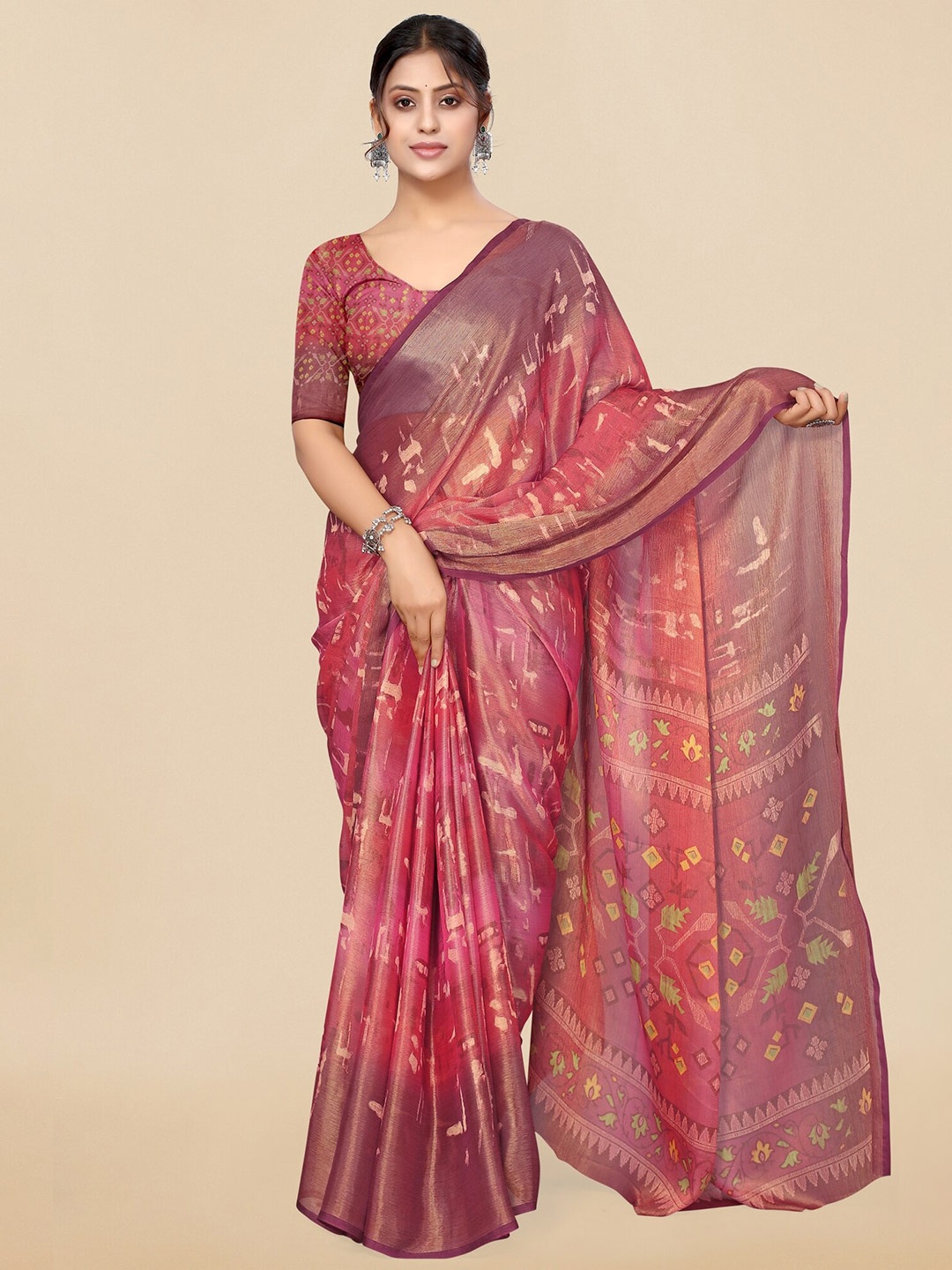 

MIRCHI FASHION Ethnic Motifs Printed Brasso Saree, Red
