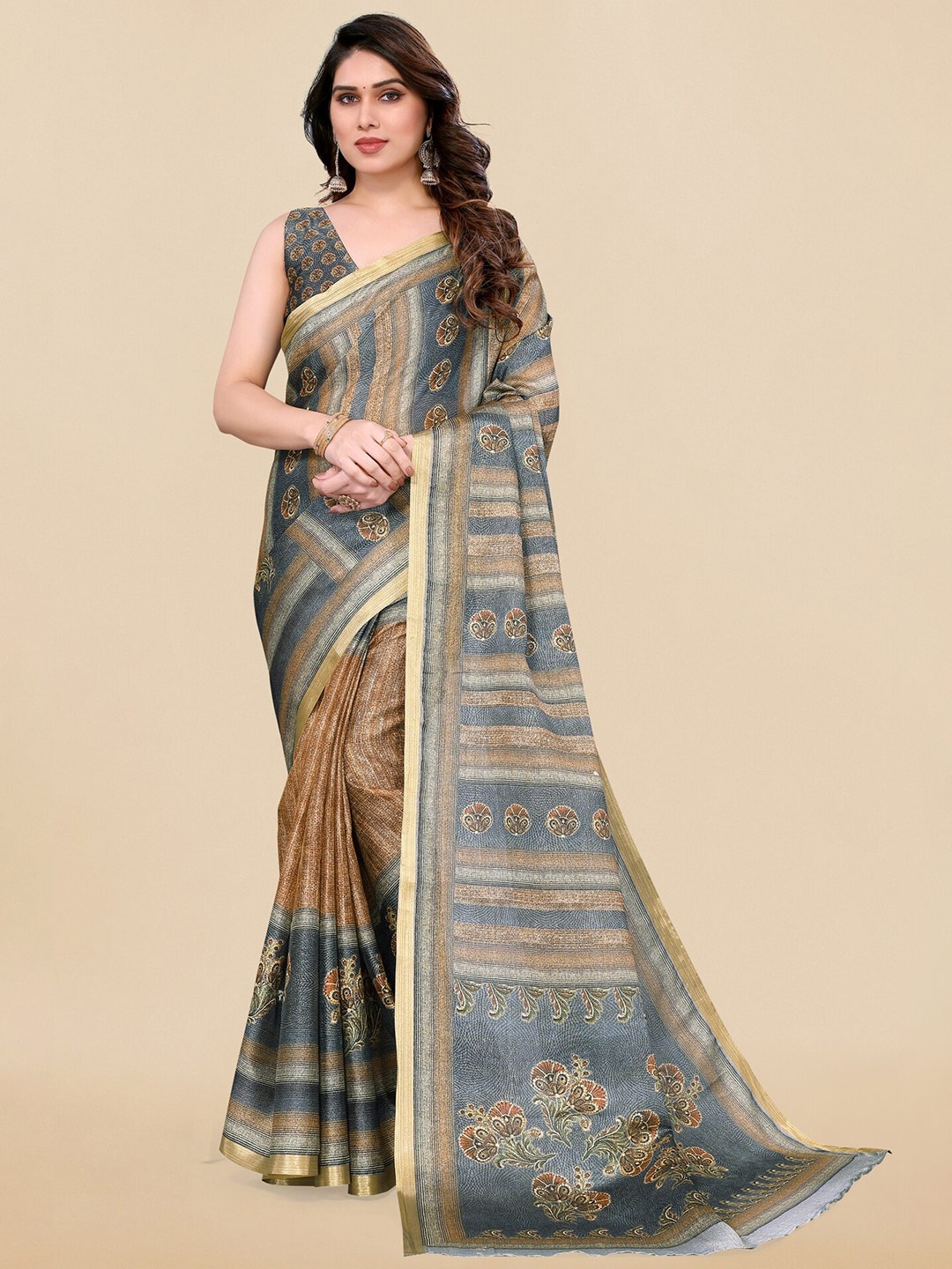 

MIRCHI FASHION Floral Printed Zari Saree, Beige