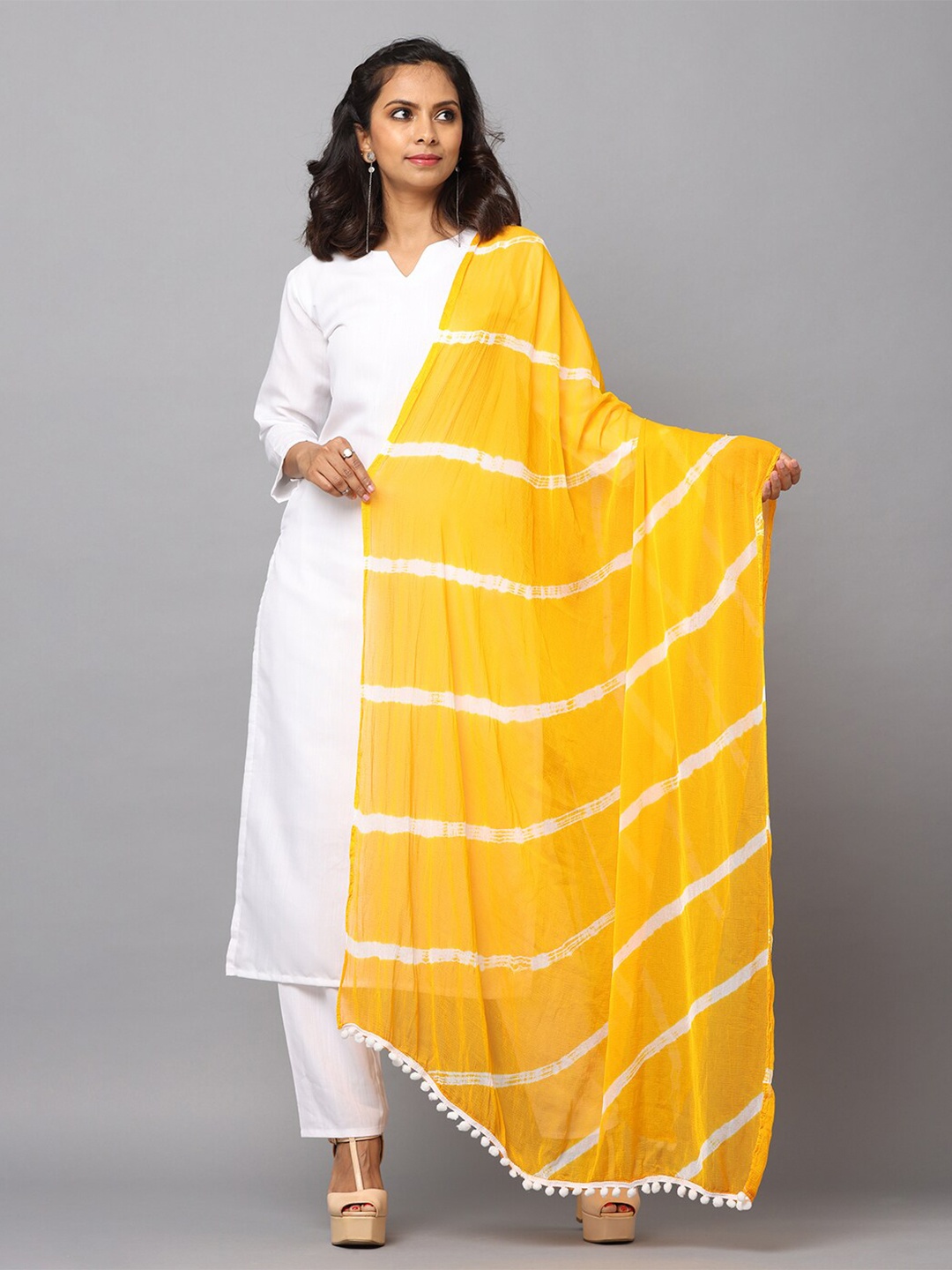 

HELLA FASHIONS Striped Leheriya Chiffon Dupatta, Mustard