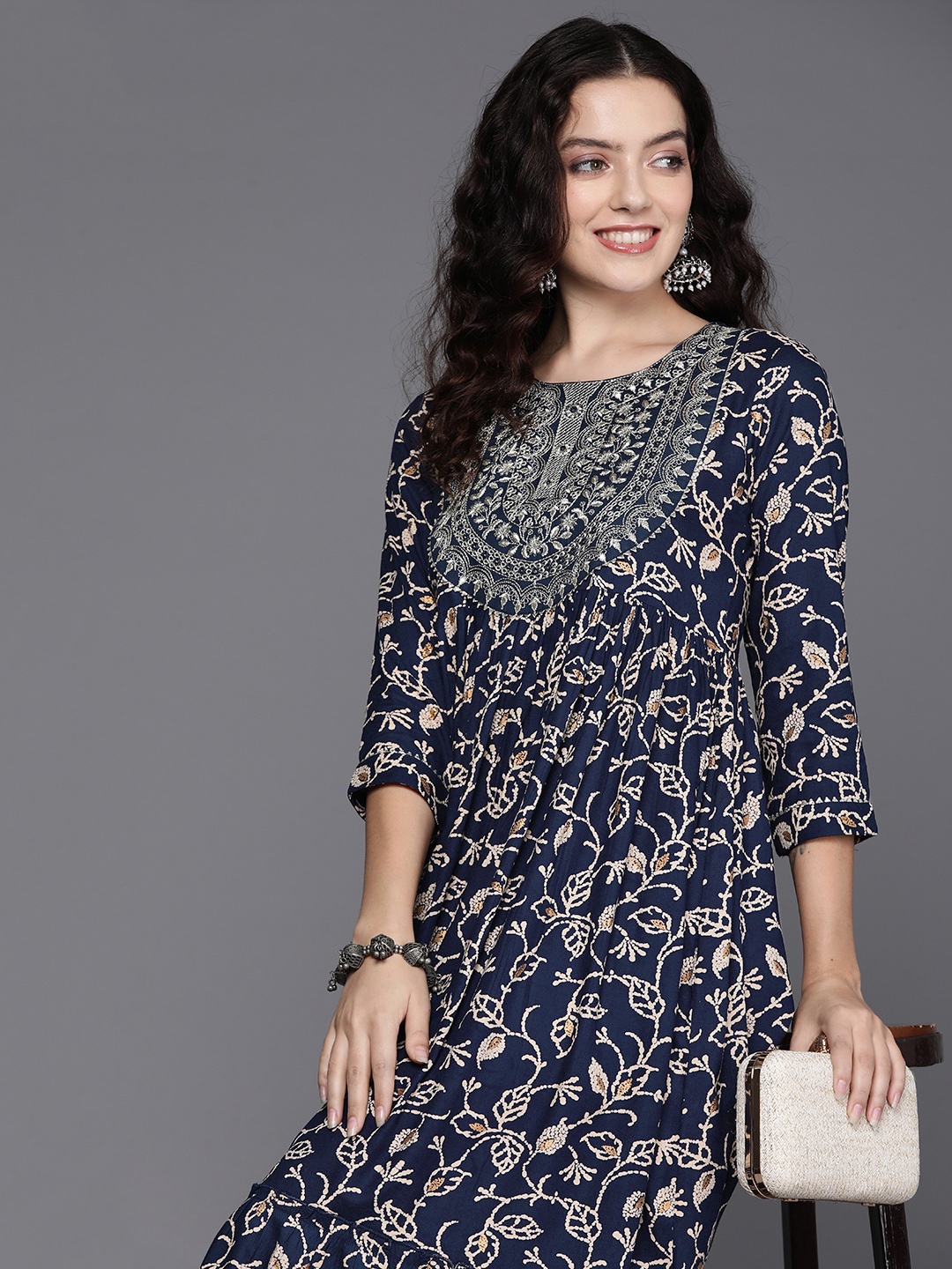 

Indo Era Floral Embroidered A-Line Midi Dress, Navy blue