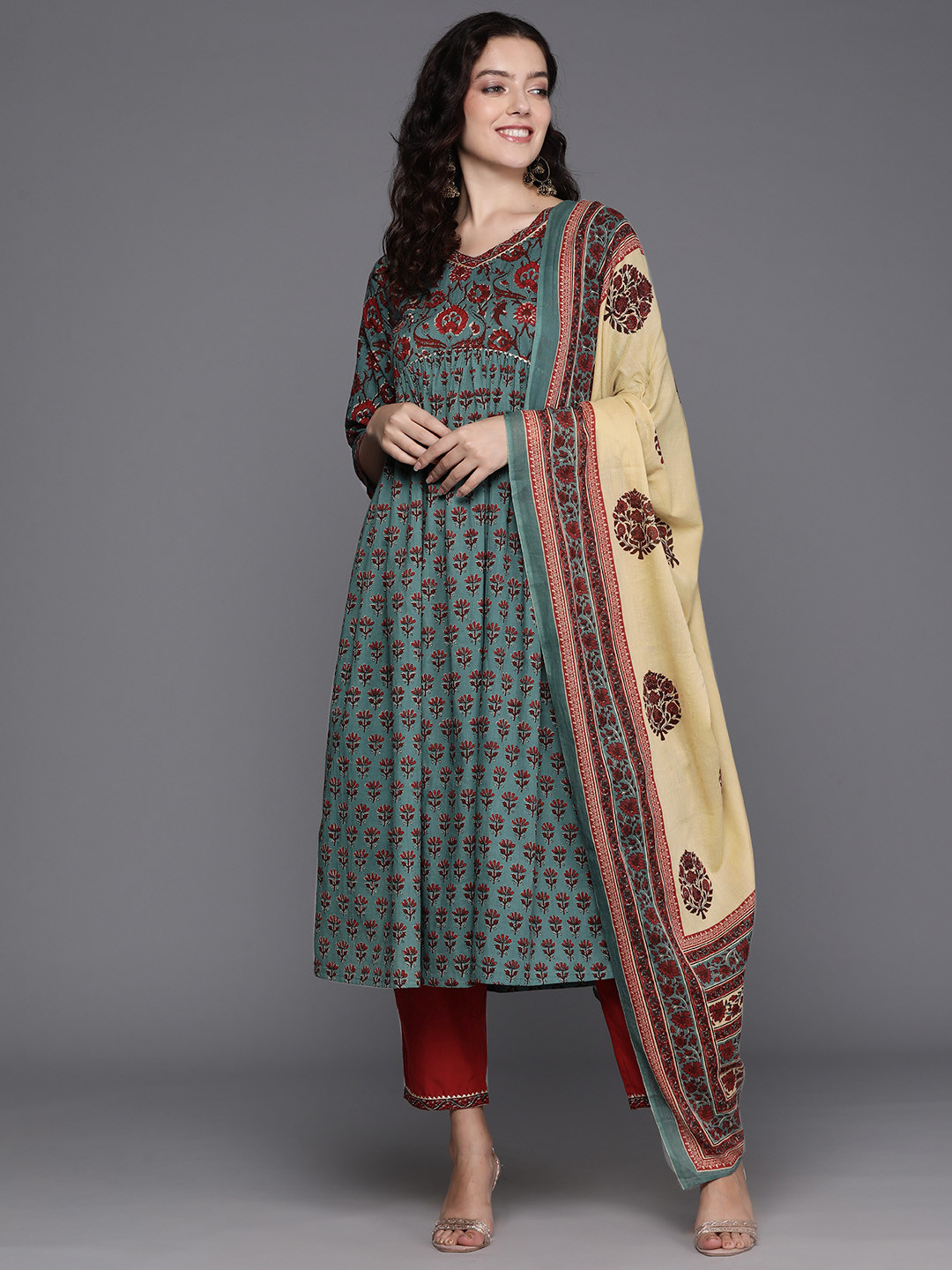 

Indo Era Women Floral Printed Empire Gotta Patti Kurta with Trousers & With Dupatta, Teal