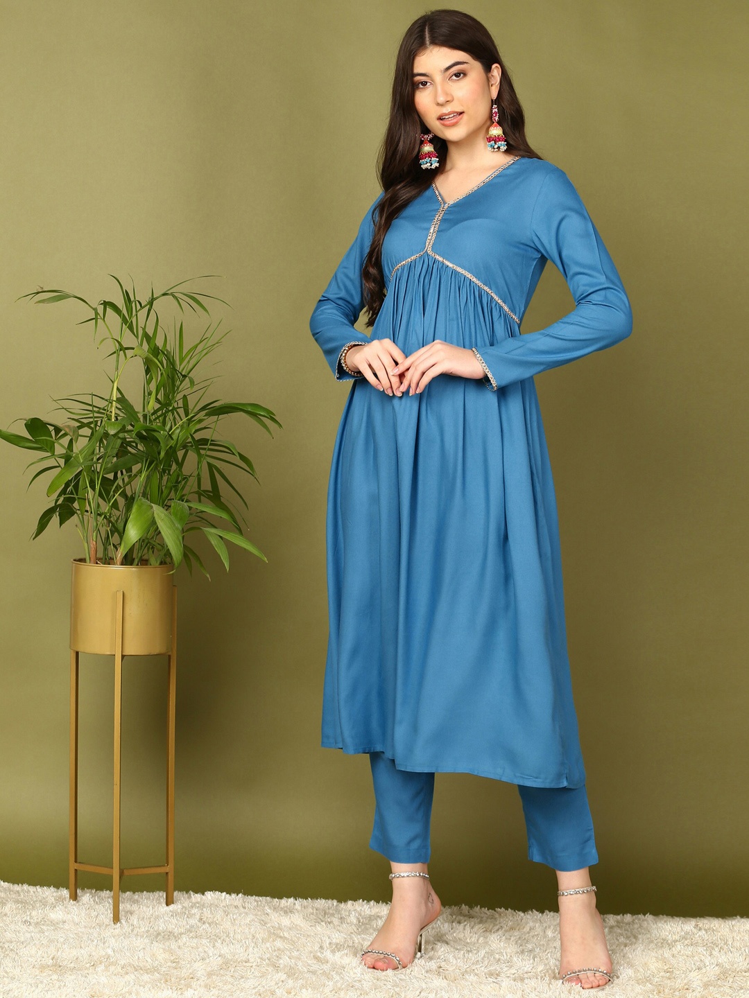 

HERE&NOW Blue V- Neck Gotta Patti Detail Empire A-Line Kurta With Trousers