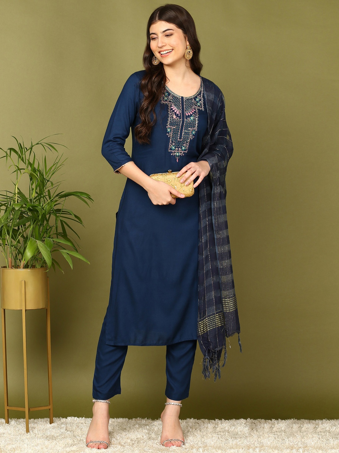 

HERE&NOW Navy Blue Ethnic Motifs Yoke Design Straight Kurta With Trousers & Dupatta