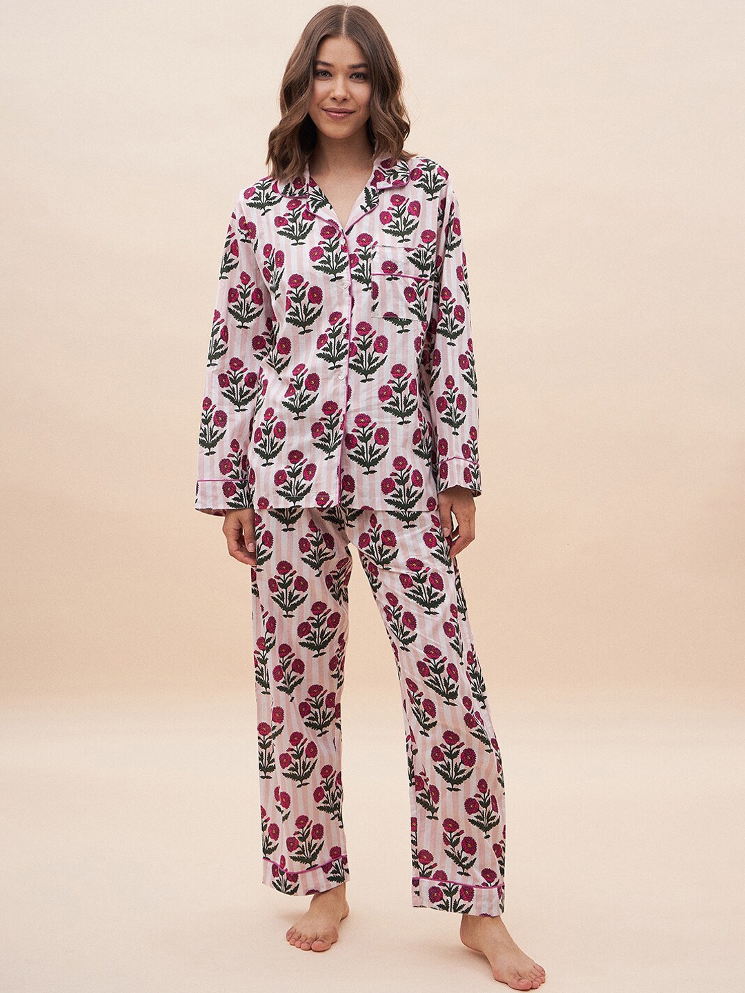 

Femella Floral Printed Long Sleeves Pure Cotton Shirt & Pyjamas, Pink
