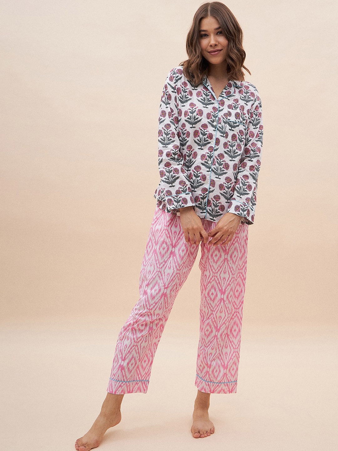 

Femella Floral Printed Long Sleeves Pure Cotton Shirt & Pyjamas, Pink