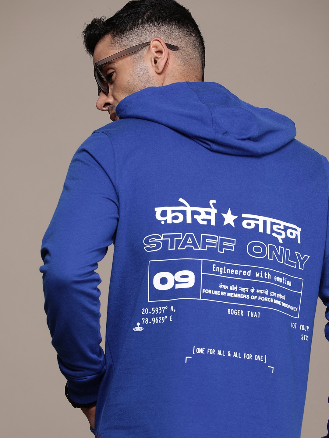 

FORCE IX Typography Printed Applique Pure Cotton Hooded Sweatshirt, Blue