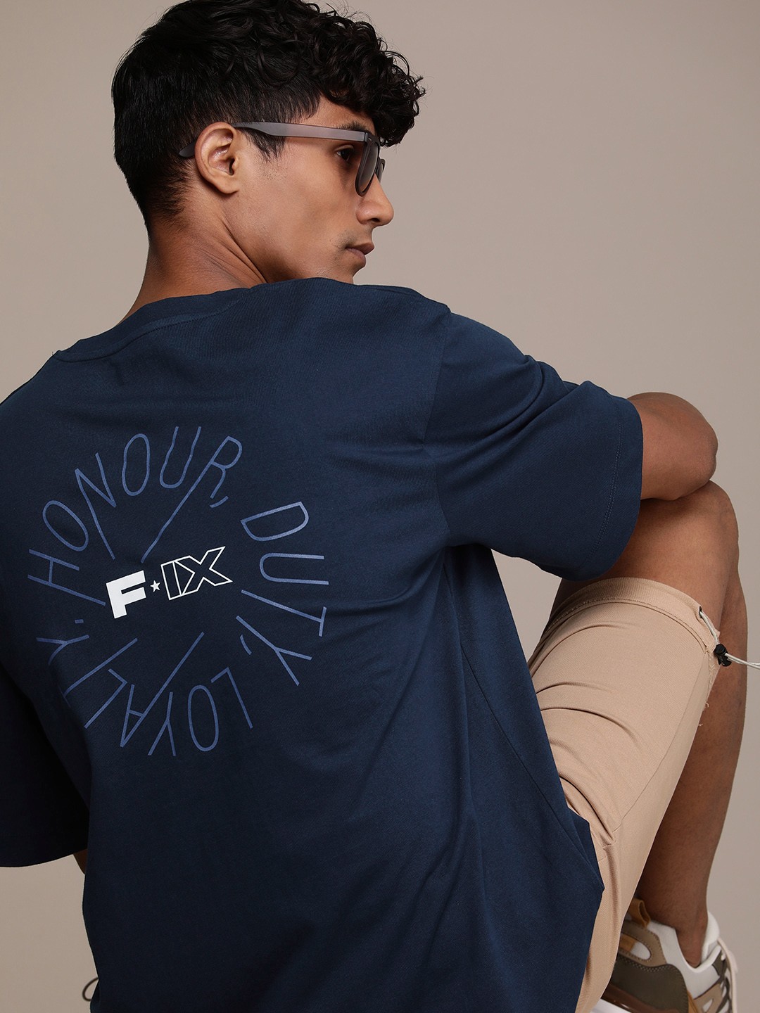 

FORCE IX Typography Printed Drop-Shoulder Sleeves Pure Cotton T-shirt, Navy blue