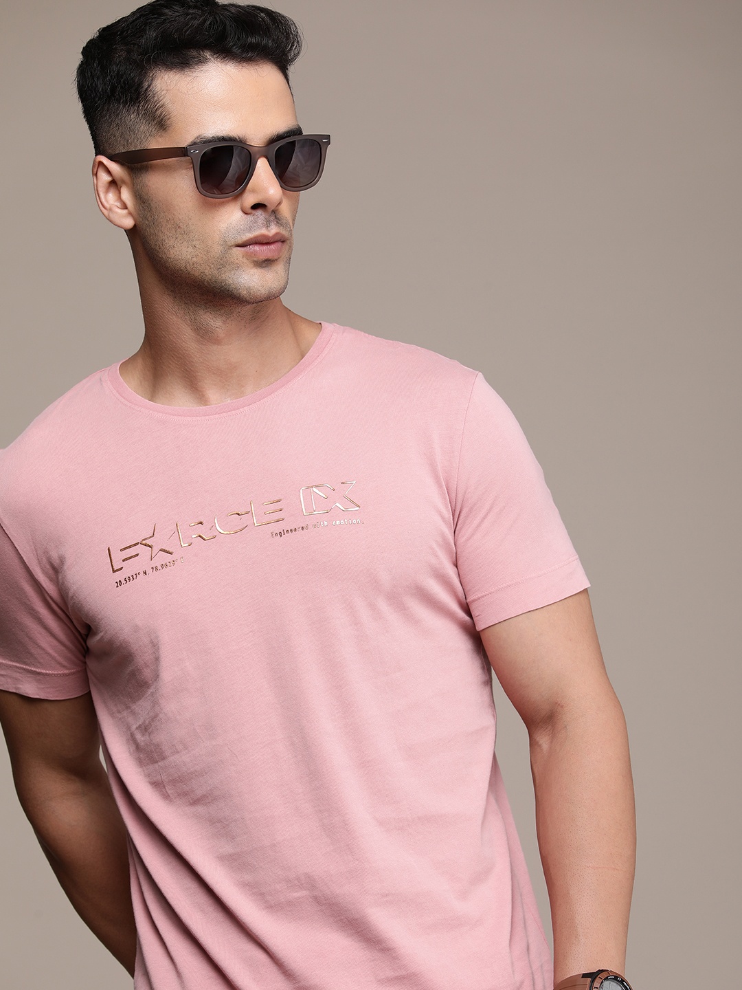 

FORCE IX Men Brand Logo Printed Pure Cotton T-shirt, Pink