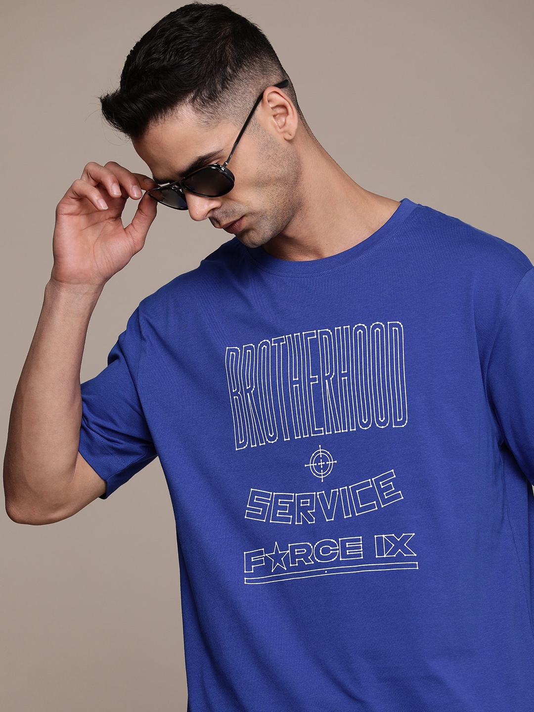 

FORCE IX Typography Printed Drop-Shoulder Sleeves Pure Cotton T-shirt, Blue