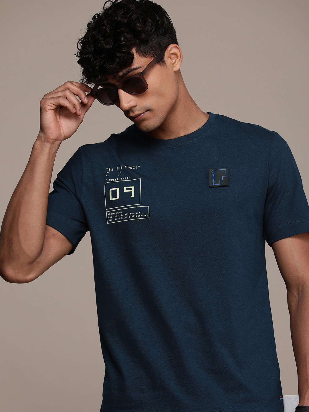 

FORCE IX Printed Drop-Shoulder Sleeves Pure Cotton T-shirt, Navy blue