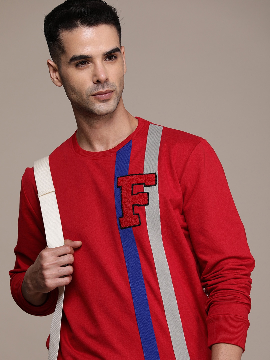 

FORCE IX Self Design Striped Pure Cotton Sweatshirt, Red
