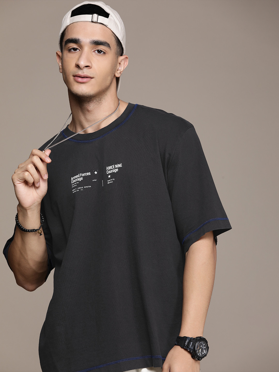 

FORCE IX Drop-Shoulder Sleeves Pure Cotton Applique Oversized T-shirt, Black