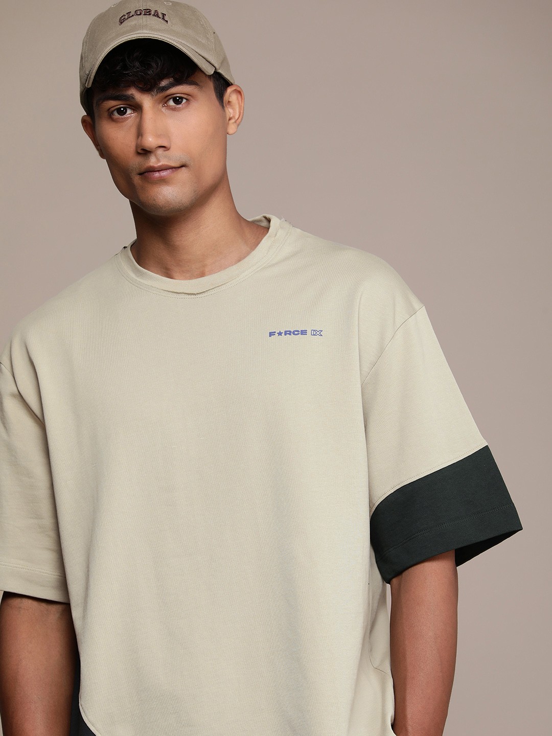 

FORCE IX Colourblocked Drop-Shoulder Sleeves Pure Cotton T-shirt, Beige
