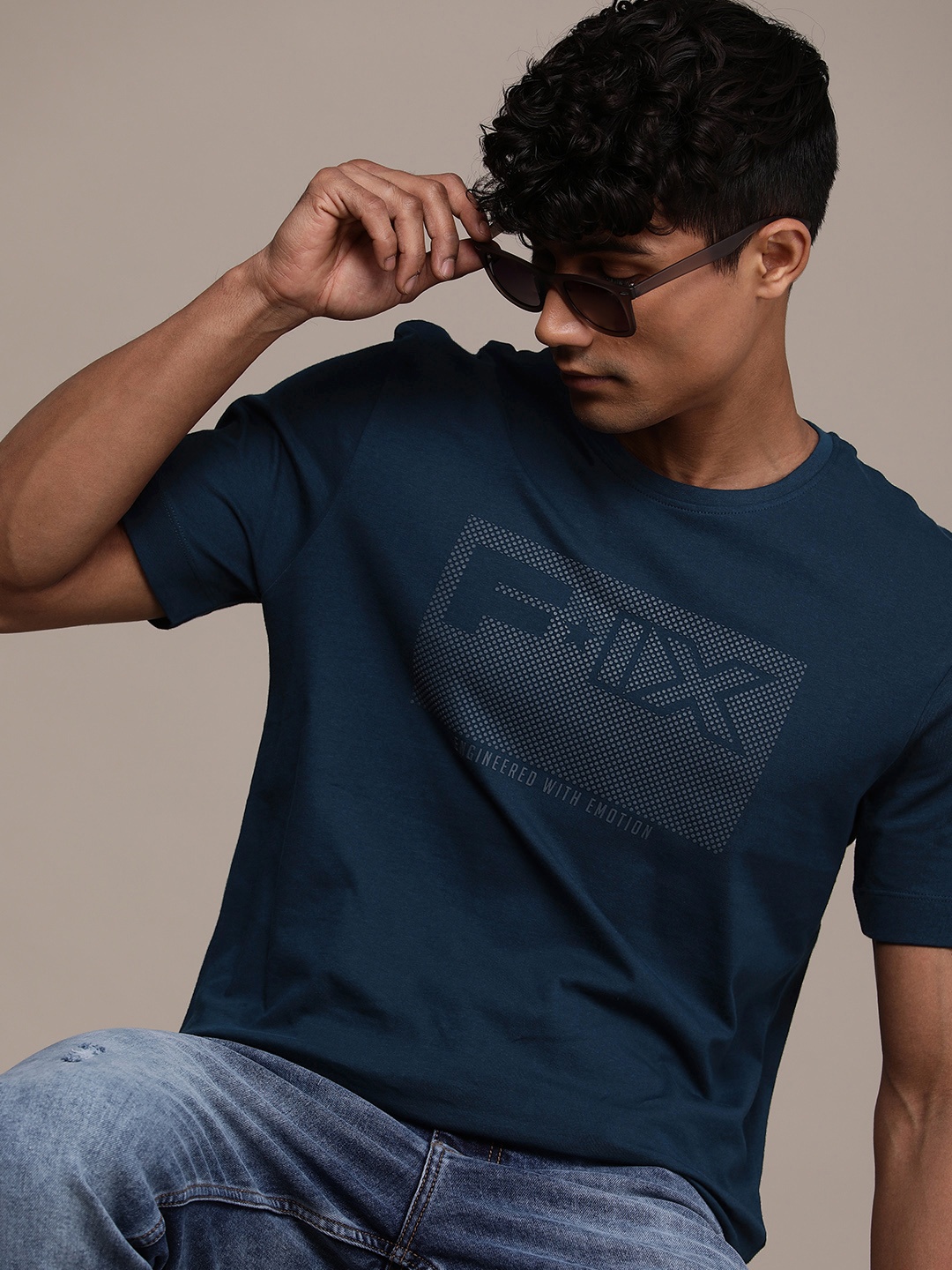 

FORCE IX Self Design Pure Cotton T-shirt, Blue