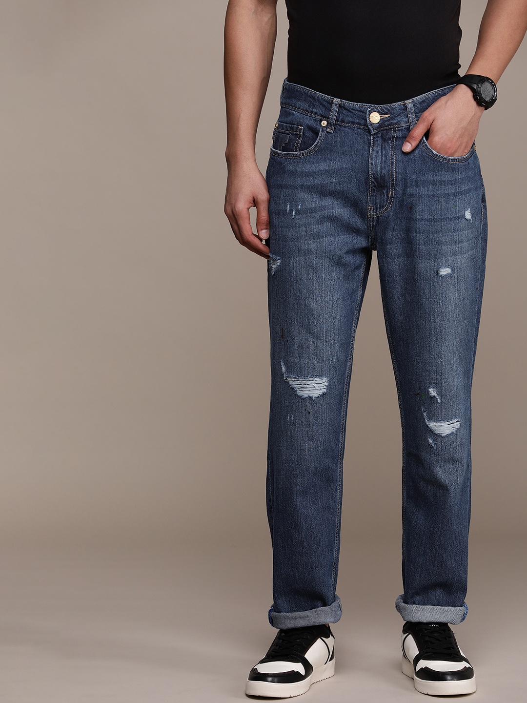 

FORCE IX Men Slim Fit Mildly Distressed Light Fade Pure Cotton Jeans, Blue