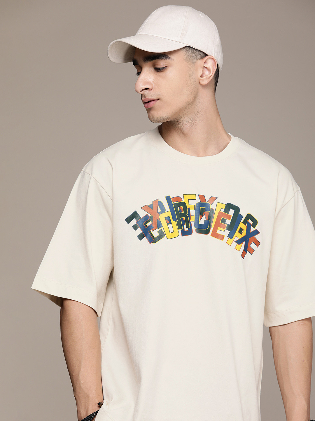 

FORCE IX Printed Drop-Shoulder Sleeves Pure Cotton Oversized T-shirt, Beige