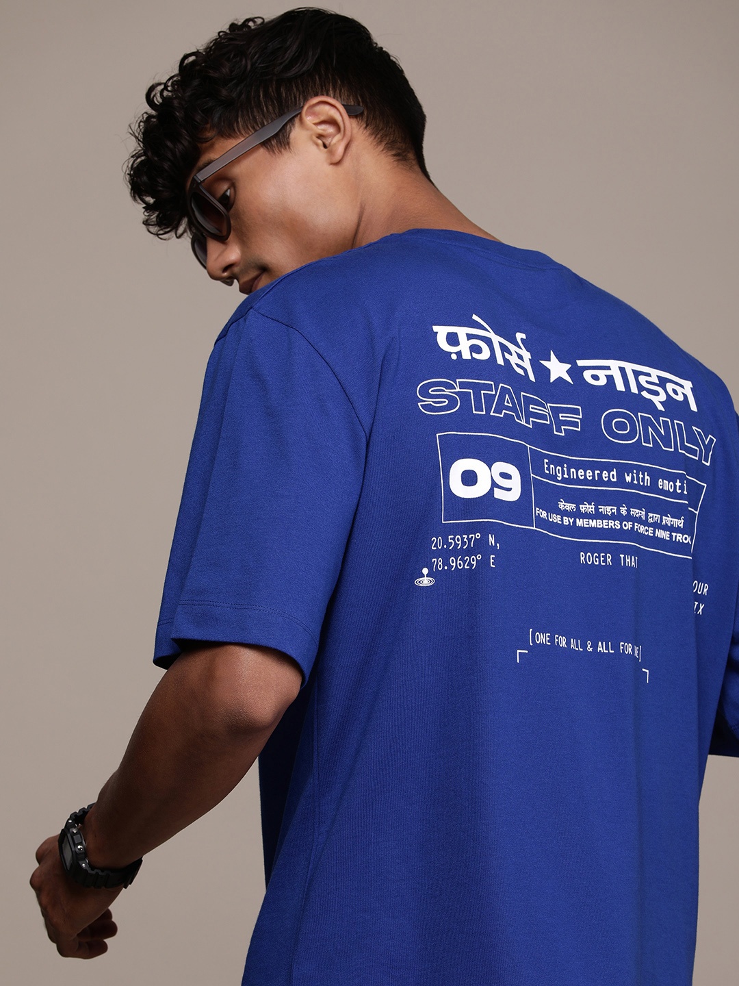 

FORCE IX Typography Printed Drop-Shoulder Sleeves Oversized T-shirt, Blue