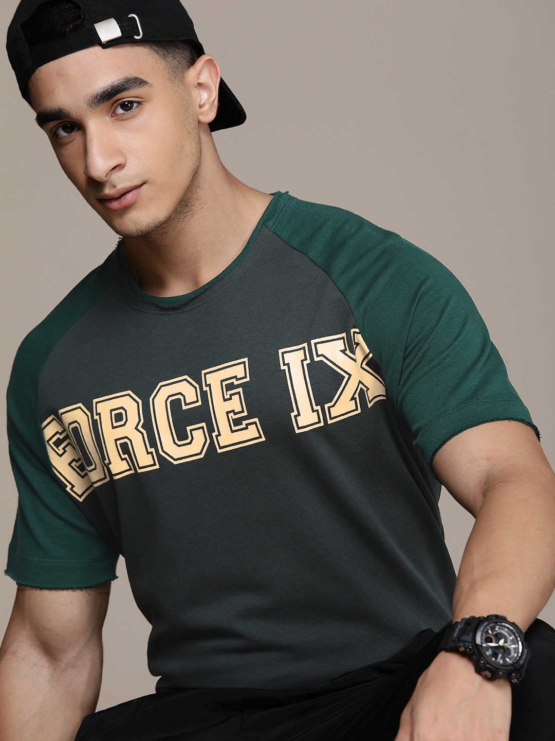 

FORCE IX Colourblocked Pure Cotton Casual T-shirt, Green