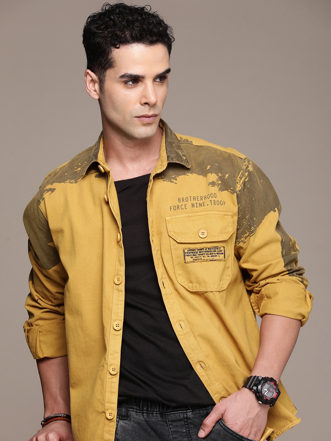 

FORCE IX Pure Cotton Opaque Printed Oversized Casual Shirt, Mustard