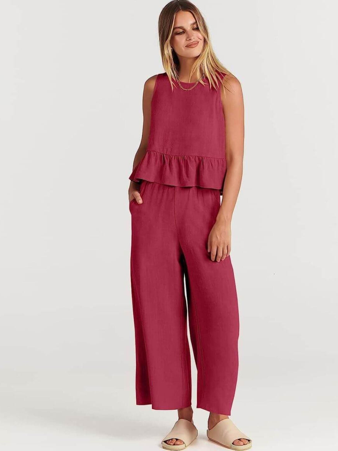 

FancyPants Pure Cotton Round Neck Top With Flared Palazzos, Pink
