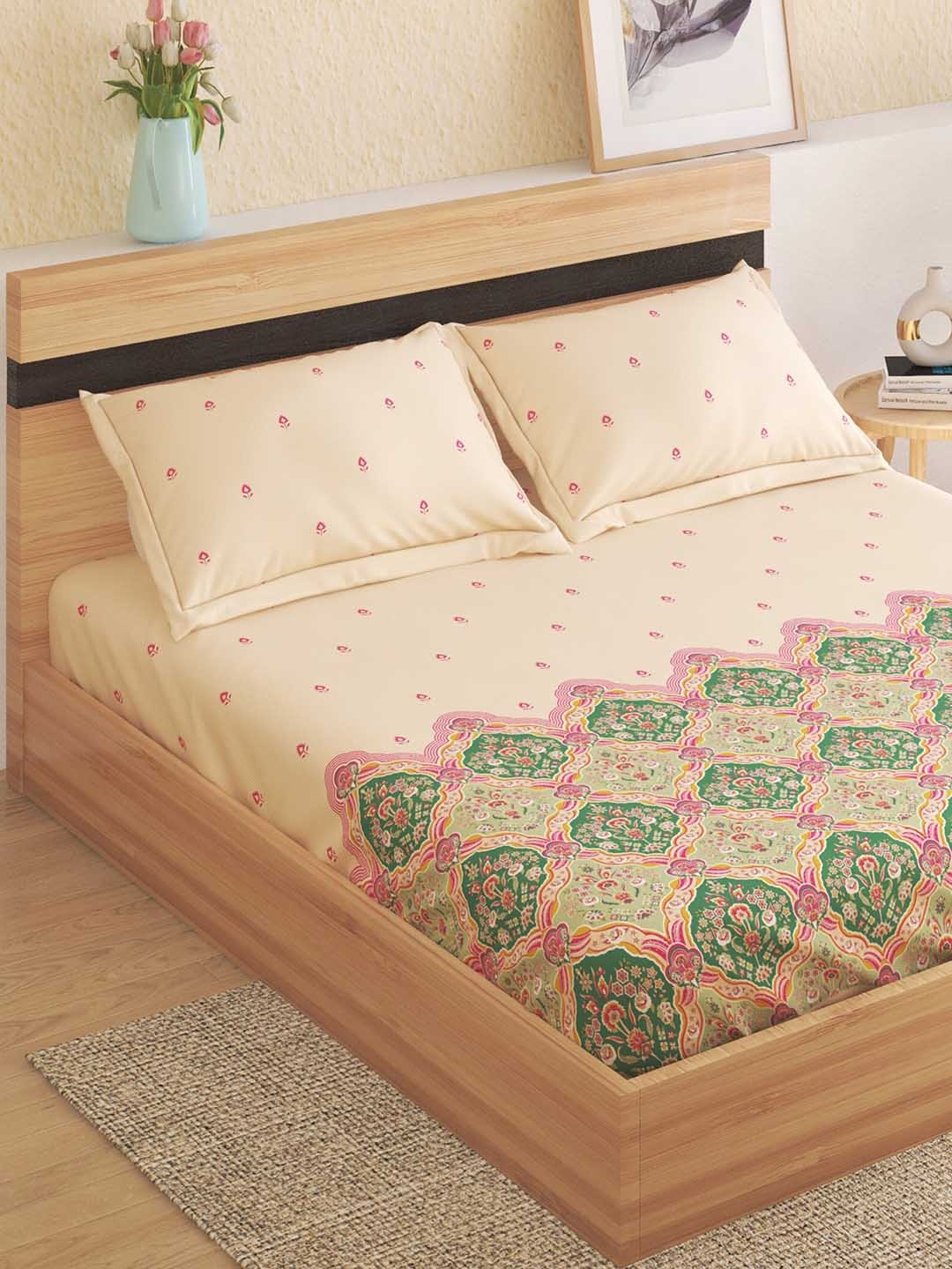 

Home Centre Moments Peach-Coloured Ethnic Cotton 130 TC Queen Bedsheet & 2 Pillow Covers