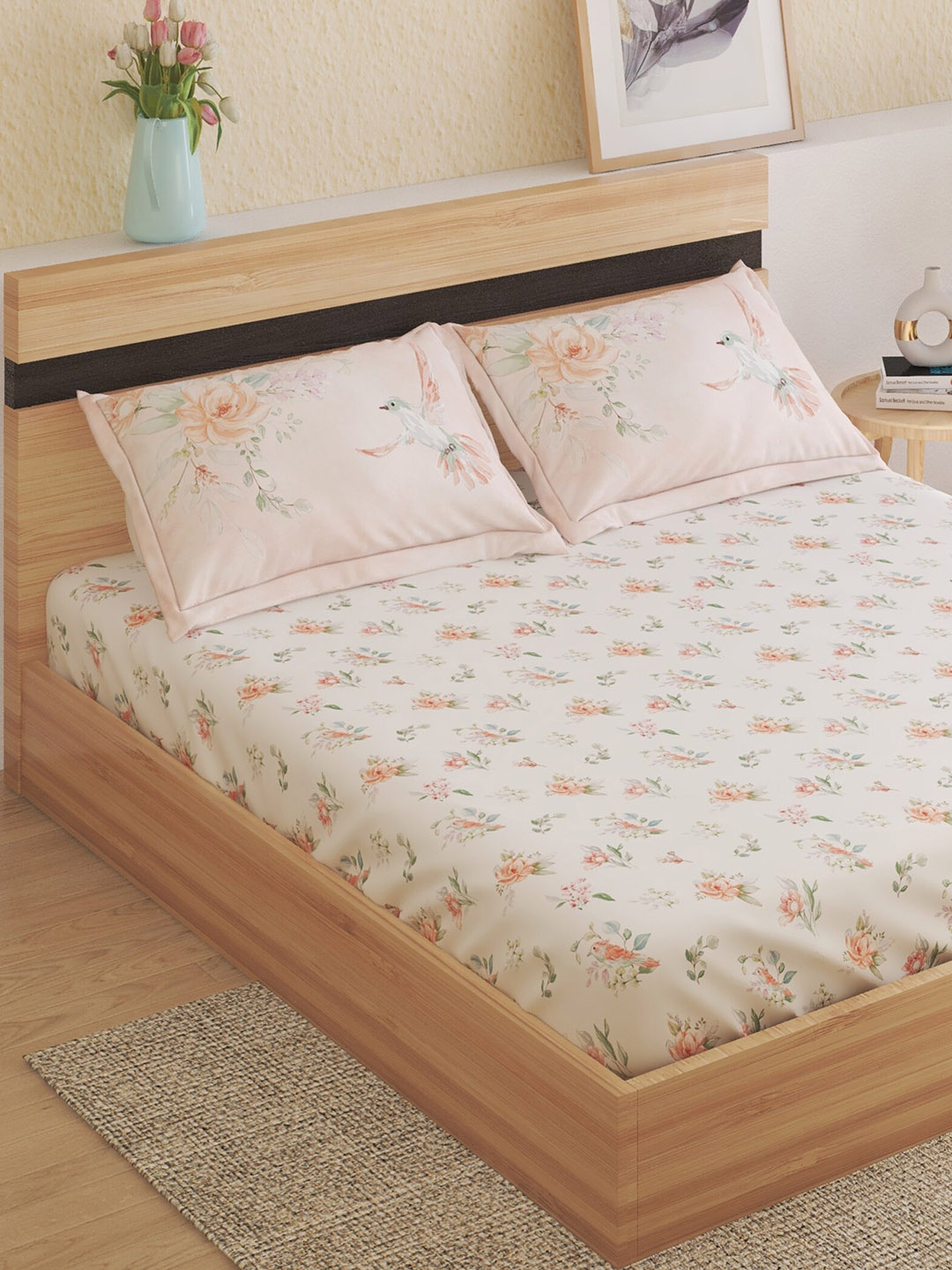 

Home Centre Moksha Friar Peach Floral Cotton 180 TC Fitted Queen Bedsheet & Pillow Covers