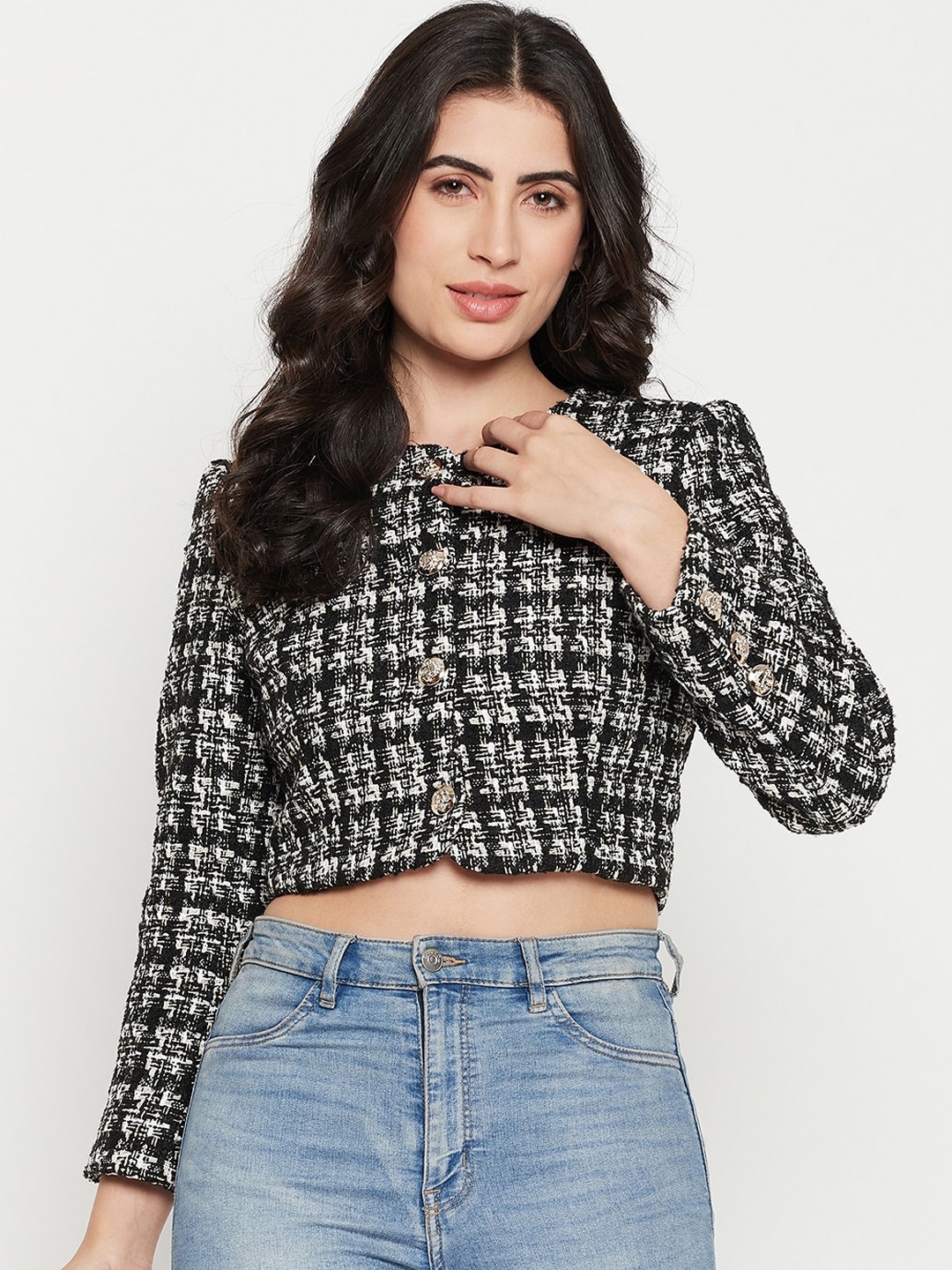 

Madame Women Checked V-Neck Single-Breasted Crop Blazer, Black