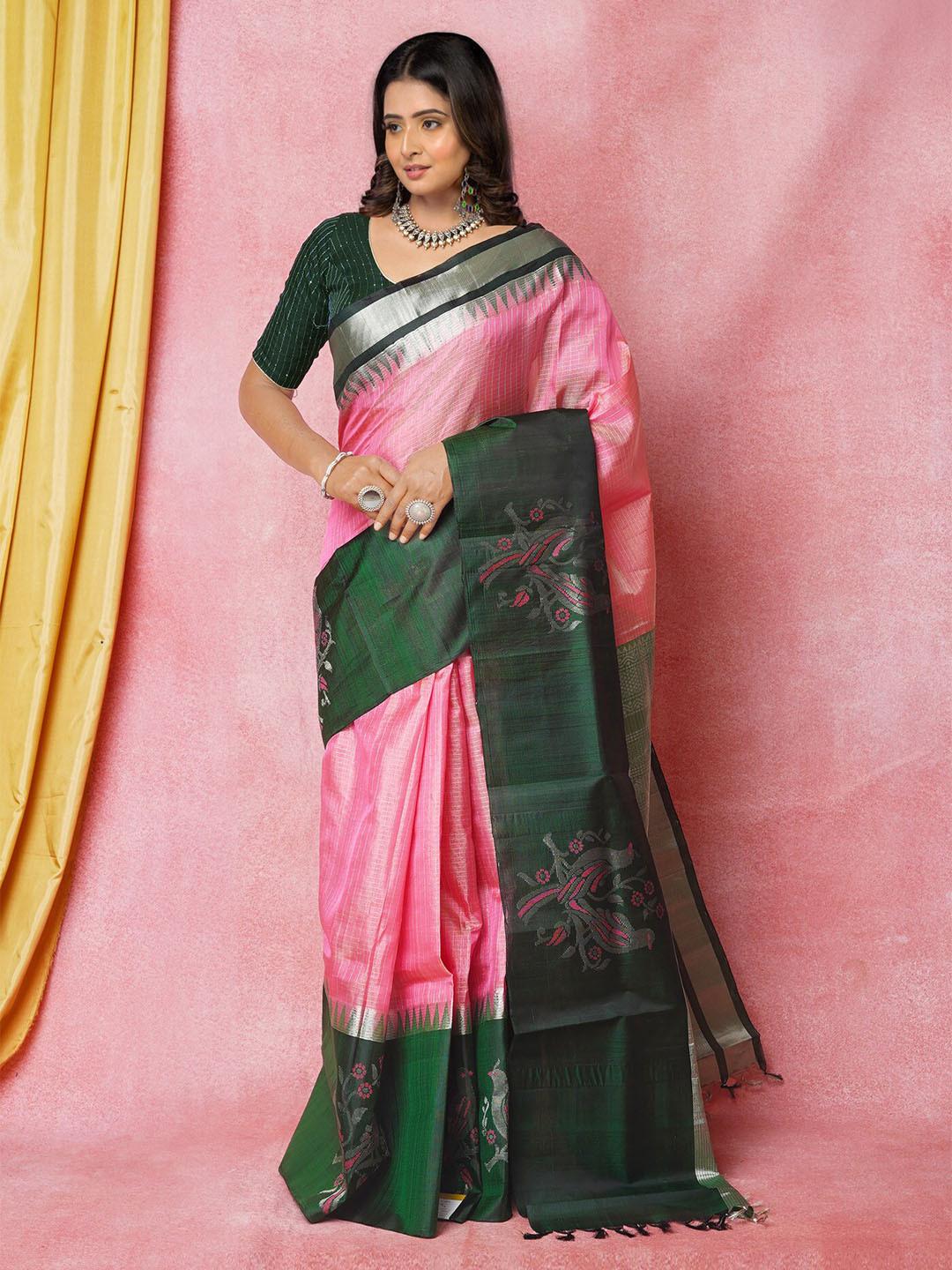 

Unnati Silks Ethnic Motifs Woven Design Zari Silk Blend Tussar Saree, Pink